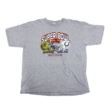 GILDAN

SUPER BOWL プリントTシャツ

カラー：グレー

サイズ：XL
着丈:約71cm　身幅:約60cm　肩幅:約60cm　袖丈:約21cm

素材：コットン90％ ポリエステル10％

フロントにプリントがございます。

サイズも大きく、身幅広めです。

※画像の程度とは若干異なる場合がございますので予めご了承下さい。
(キズ、へこみ、汚れ、穴あき、ほつれ、色味、文字書入れ(名前、ナンバー)など

