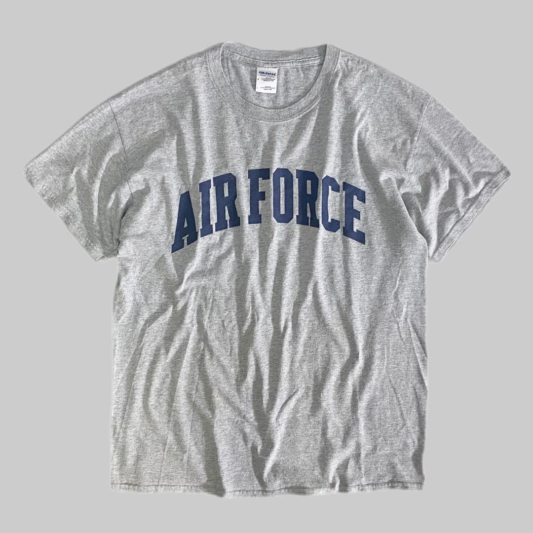 GILDAN

【GILDAN】 AIR FORCE プリントTシャツ

カラー：グレー

サイズ：L
着丈：約68cm　身幅：約55cm　肩幅：約54cm　袖丈：約18cm

素材：コットン90％　ポリエステル10％

GILDANボディーを使用したプリントTシャツ。

フロントにAIR FORCE のプリント、無駄のないシンプルなデザインです。

どのシーンでも使いやすく、流行り廃りない王道アイテムです。

※バックの裾部分、汚れございます。

※画像の程度とは若干異なる場合がございますので予めご了承下さい。
(キズ、へこみ、汚れ、穴あき、ほつれ、文字書入れ(名前、ナンバー)など




